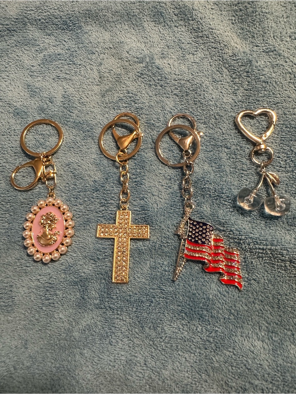 Fashion key chains 
Flag,cross,beauty cameo with pearls, white cherries
